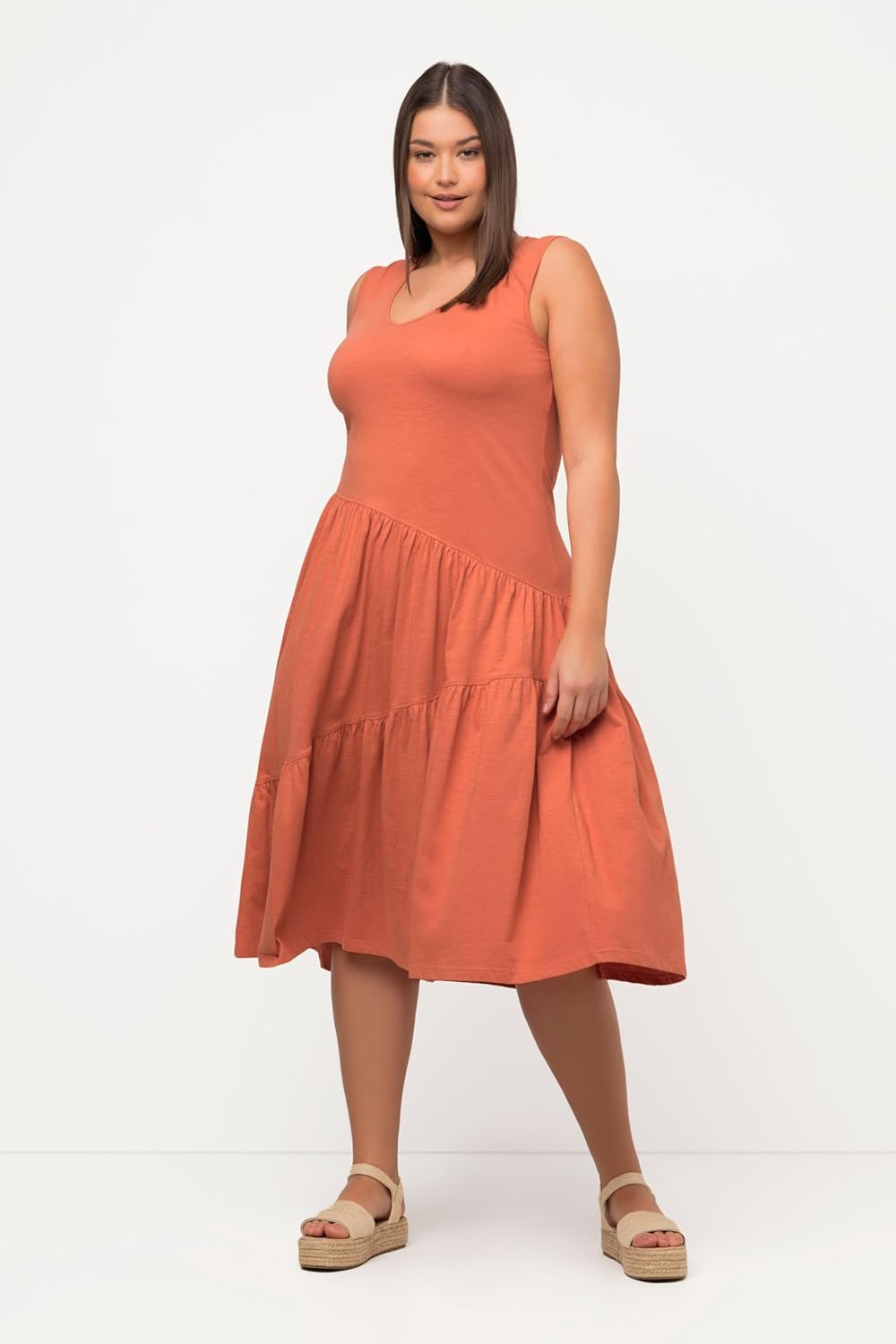 Ulla Popken Damen grosse Grössen Übergrössen Plus Size Midikleid, A-Linie, V-Ausschnitt, ärmellos, B