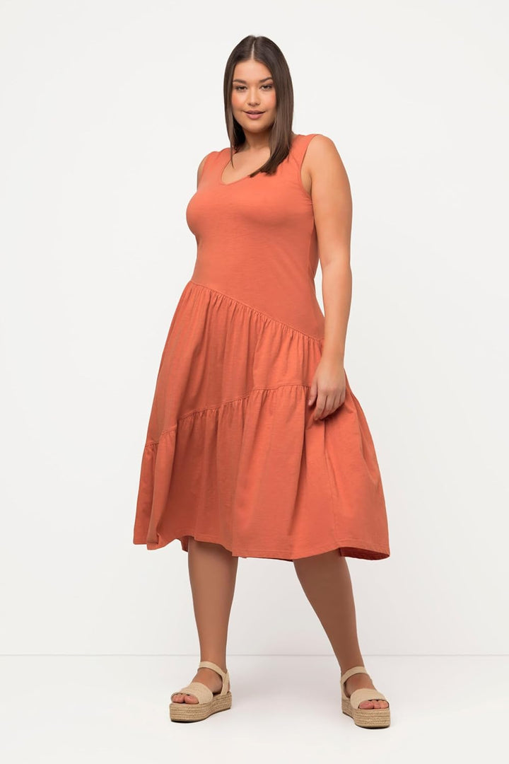 Ulla Popken Damen grosse Grössen Übergrössen Plus Size Midikleid, A-Linie, V-Ausschnitt, ärmellos, B