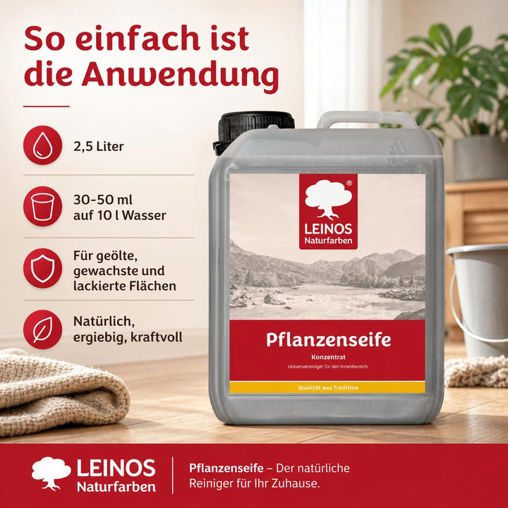 LEINOS Pflanzenseife 2,5 l – Rückfettender Universalreiniger für geölte, gewachste, lackierte Holzfl