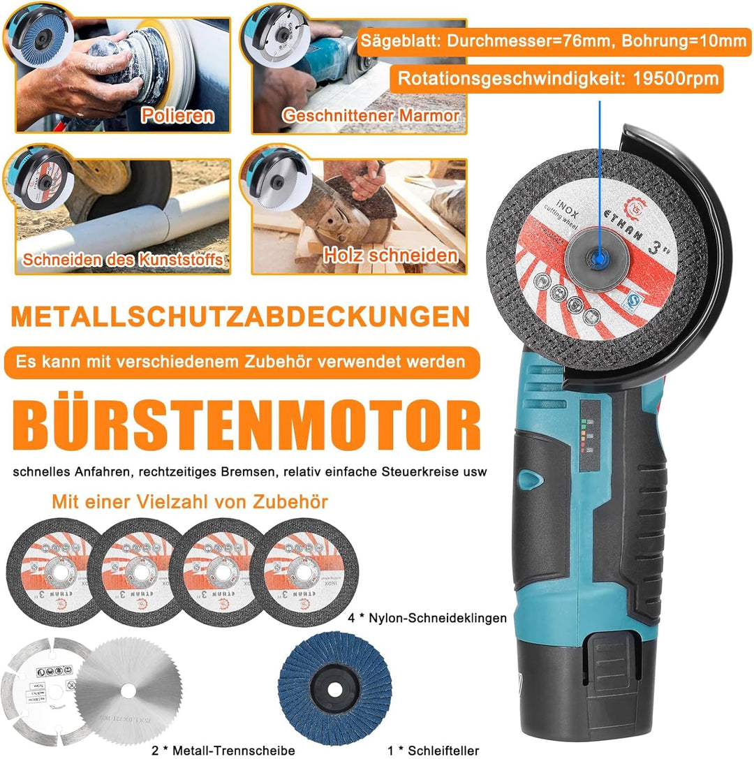 Akku Winkelschleifer Hancaner Mini Winkelschleifer 2 * 2.0 Ah 12 V Akku Flex 19500rpm 6 Trennscheibe