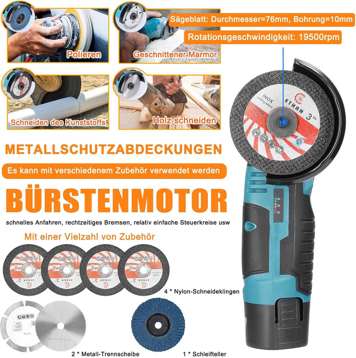 Akku Winkelschleifer Hancaner Mini Winkelschleifer 2 * 2.0 Ah 12 V Akku Flex 19500rpm 6 Trennscheibe