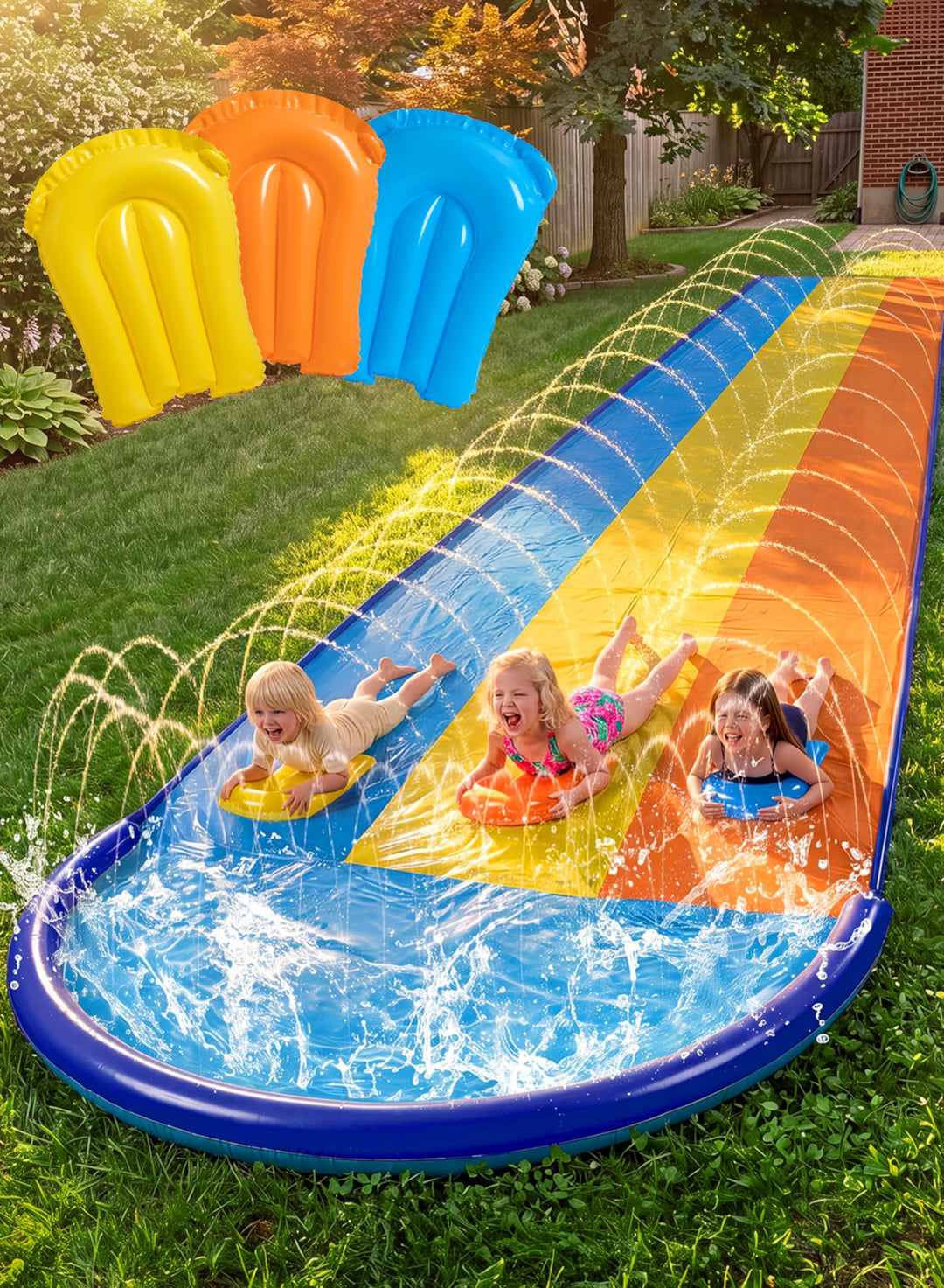 Sloosh 22,5ft/685,8cm Dreispurige Wasserrutsche mit 3 Bodyboards, Rasen-Wasserrutsche mit Outdoor-Sp