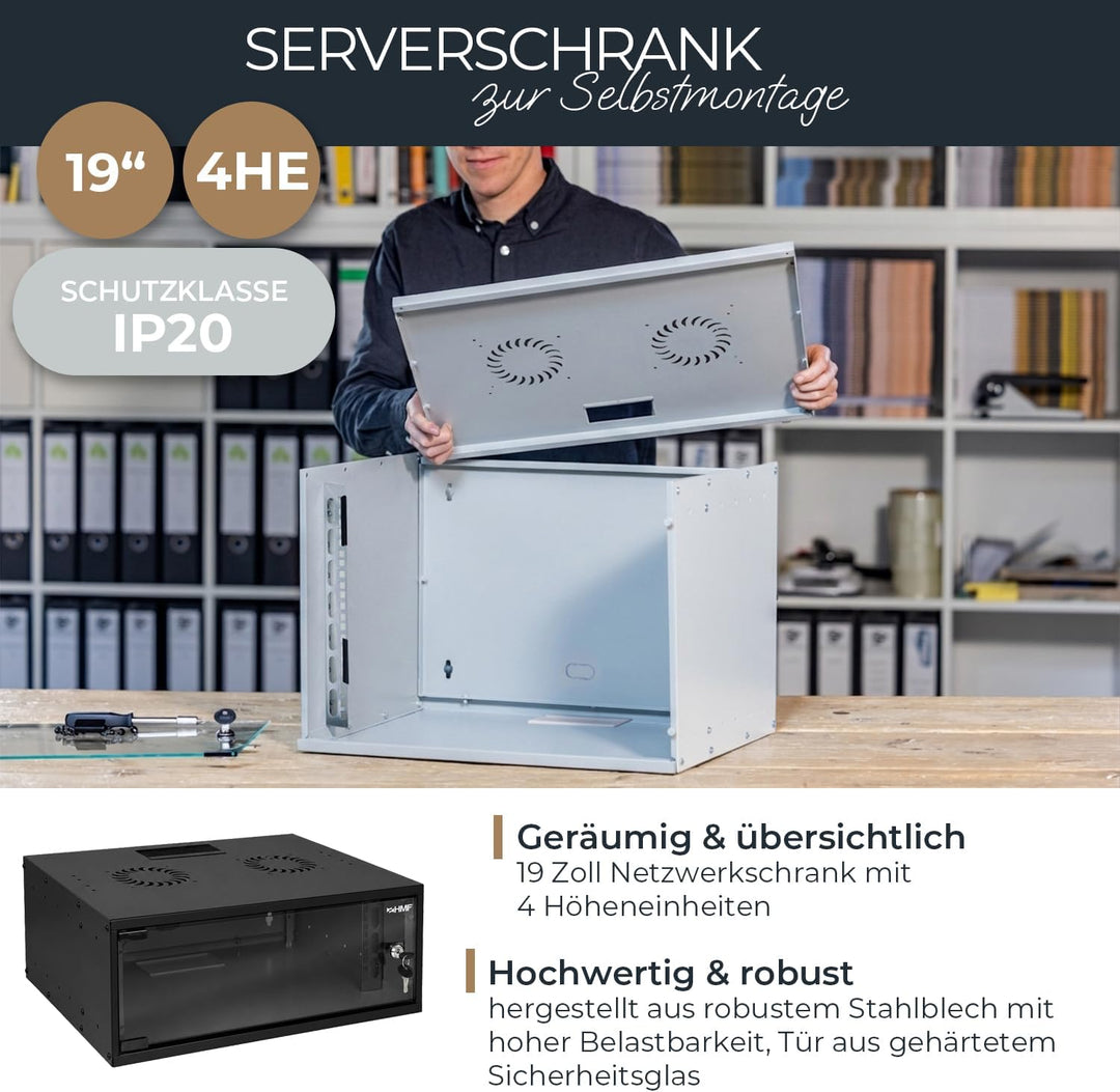 HMF 65704-02 Netzwerkschrank, Serverschrank 19 Zoll | 4 HE | 400 mm Tiefe | Glastür | Schwarz 4 HE S