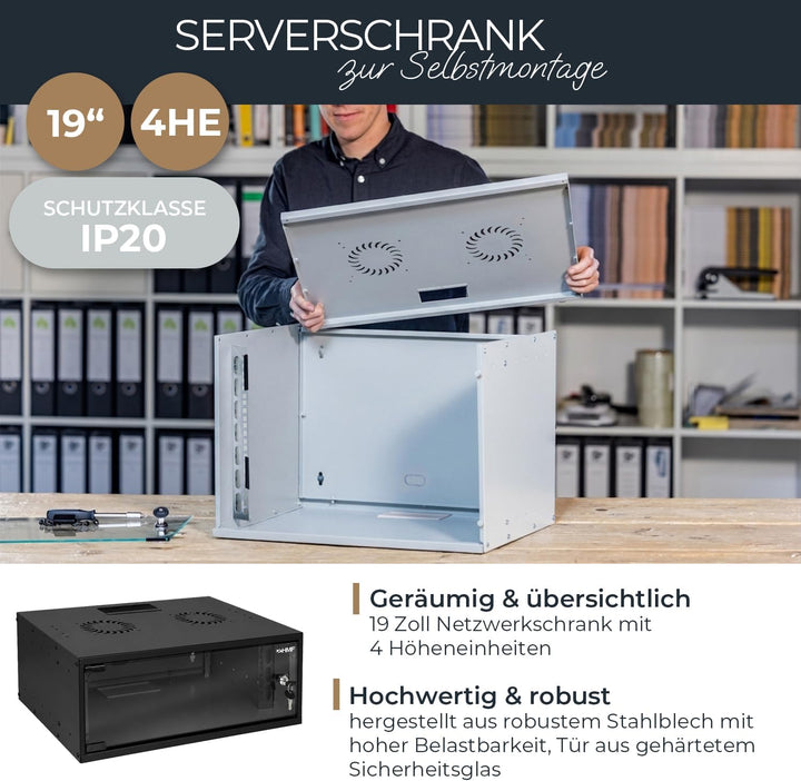 HMF 65704-02 Netzwerkschrank, Serverschrank 19 Zoll | 4 HE | 400 mm Tiefe | Glastür | Schwarz 4 HE S
