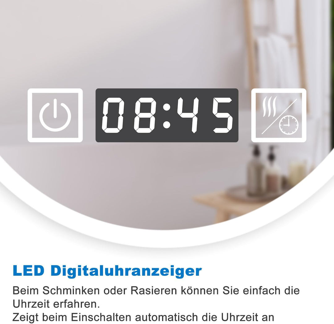 Badspiegel mit Beleuchtung 80x60cm,LED Spiegel mit Uhr Touch Beschlagfrei 3-Fach Schminkspiegel,Bads