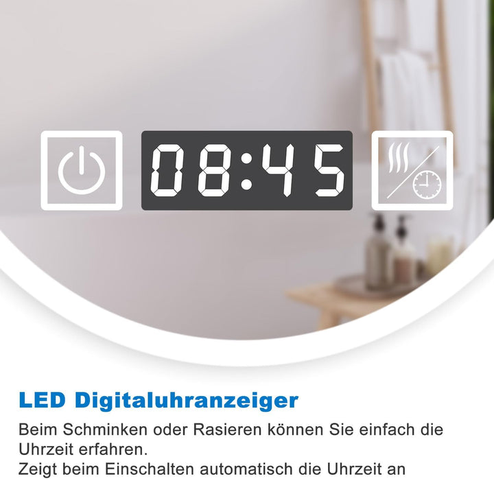 Badspiegel mit Beleuchtung 80x60cm,LED Spiegel mit Uhr Touch Beschlagfrei 3-Fach Schminkspiegel,Bads