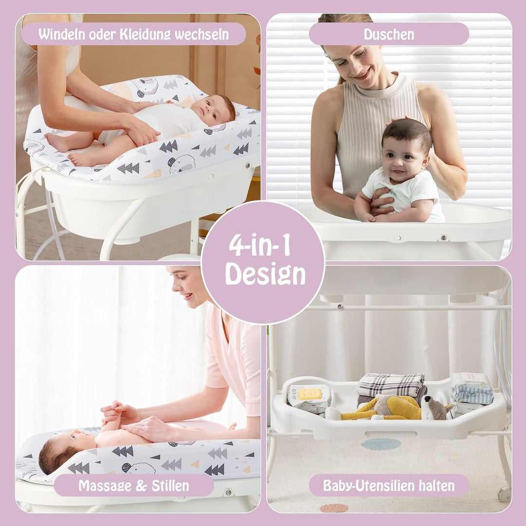DREAMADE 2 in 1 Wickeltisch & Badewanne mit Gestell, Wickeltisch Klappbar, Wickelkommode auf Rollen