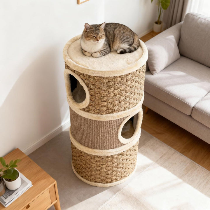 SOARS Kratztonne für Katzen, 70 cm Katzentonne mit 3 Höhlen, Liegefläche und Sisalkratzfläche, Kratz