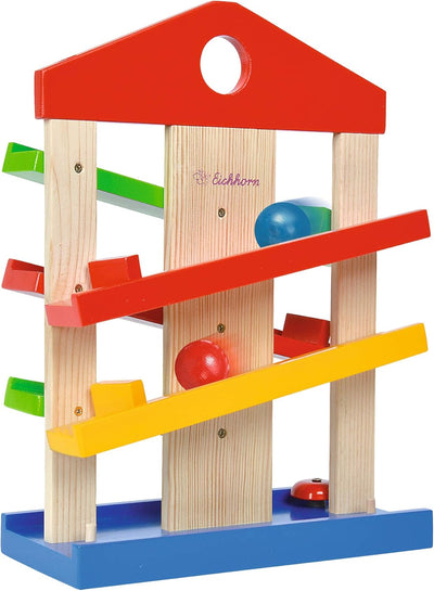 Eichhorn Kugelbahn-Haus, 4-teilig, Bunte Rollbahn aus Holz mit Glocke und DREI Kugeln Lindenholz, 25