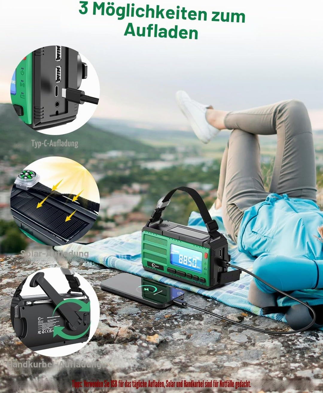 Esky Kurbelradio, AM/FM/NOAA 7 in 1 Notfallradio mit 10000mAh Akku Wiederaufladbare 3 Lademodi Tragb