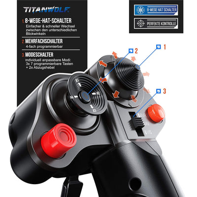 Titanwolf - PC Joystick - Flight Stick – Vierweg Joystick – HOTAS Funktion - stufenloser Schubregler