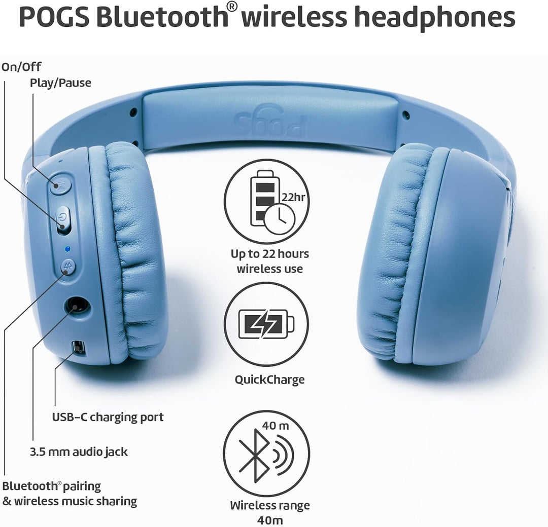 POGS Drahtloser Bluetooth Kinderkopfhörer | The Gecko 2 | Faltbarer robuster Kinderkopfhörer ab 3 Ja