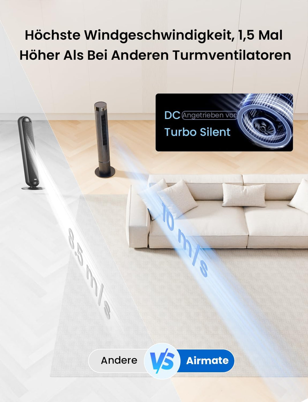 AIRMATE Turmventilator, 12 Geschwindigstufen Ventilator mit Fernbedienung 10m/s Geschwindigkeit, 110