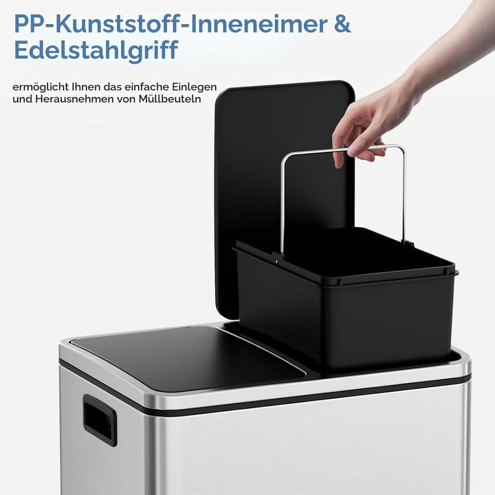 Clevich Mülleimer Küche 2 x 15 Liter, Mülltrennsystem 2 Fächer 30L für Recycling und Abfall, Treteim