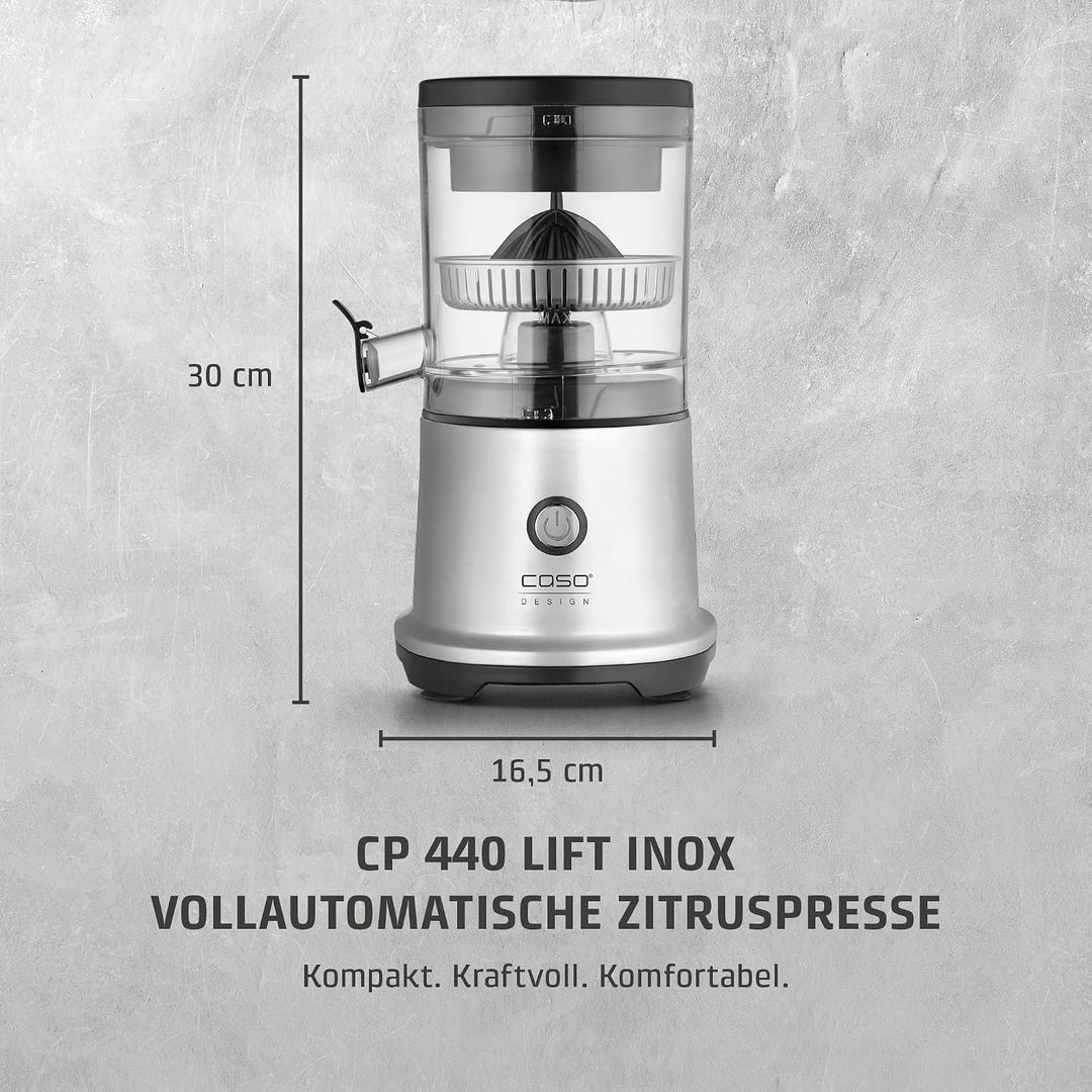 CASO CP 440 Lift Inox - elektrische Zitruspresse aus Edelstahl, BPA-Frei, Universal-Presskegel für a