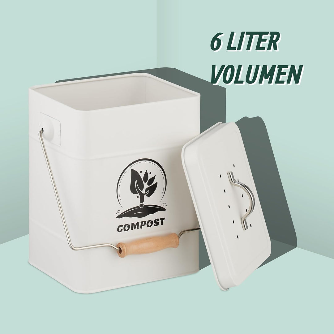 Relaxdays Komposteimer Küche, 6 l, Kleiner Mülleimer, Deckel und Geruchsfilter, Metall, Abfalleimer