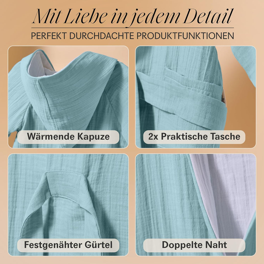 Bademantel Kinder mit Kapuze | 100% Bio-Baumwolle GOTS Zertifiziert | Premium Musselin Kinderbademan