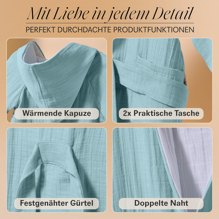 Bademantel Kinder mit Kapuze | 100% Bio-Baumwolle GOTS Zertifiziert | Premium Musselin Kinderbademan