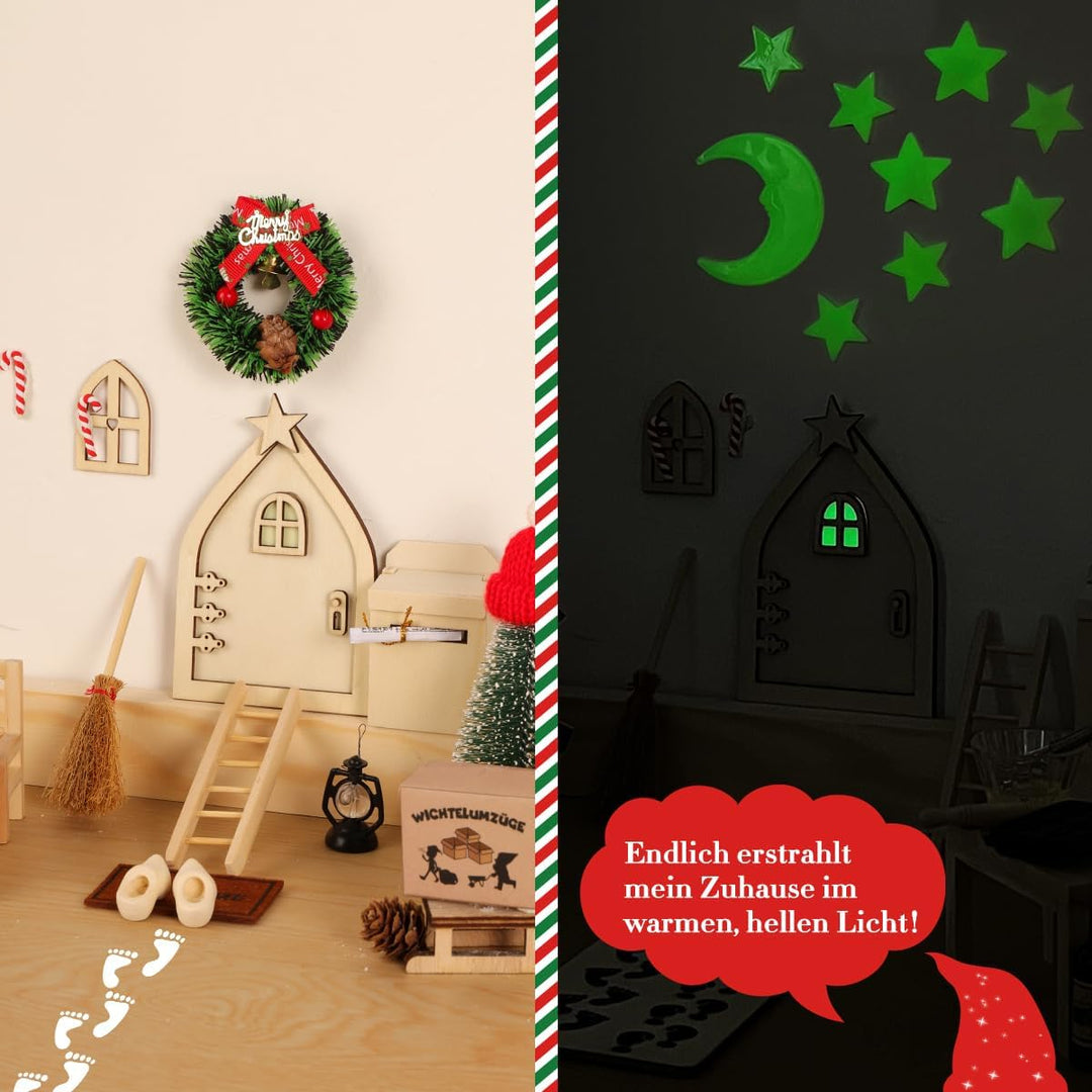 WILDPARTY 64Pcs Wichteltür Zubehör Weihnachten mit Briefen, Miniatur Feentür Leuchtend Komplettset,