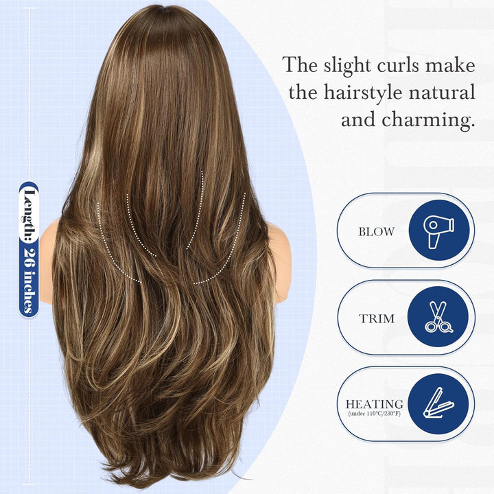 HAIRCUBE Lange braune Perücke mit blonden Strähnchen und Pony, 55,9 cm, gestufte lockige Perücken fü