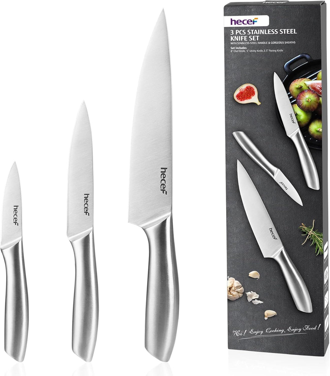 hecef Messerset 3 tlg, Scharfe Küchenmesser mit Edelstahlklinge und hohlem Griff, Kochmesser Set mit