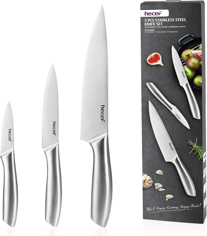 hecef Messerset 3 tlg, Scharfe Küchenmesser mit Edelstahlklinge und hohlem Griff, Kochmesser Set mit