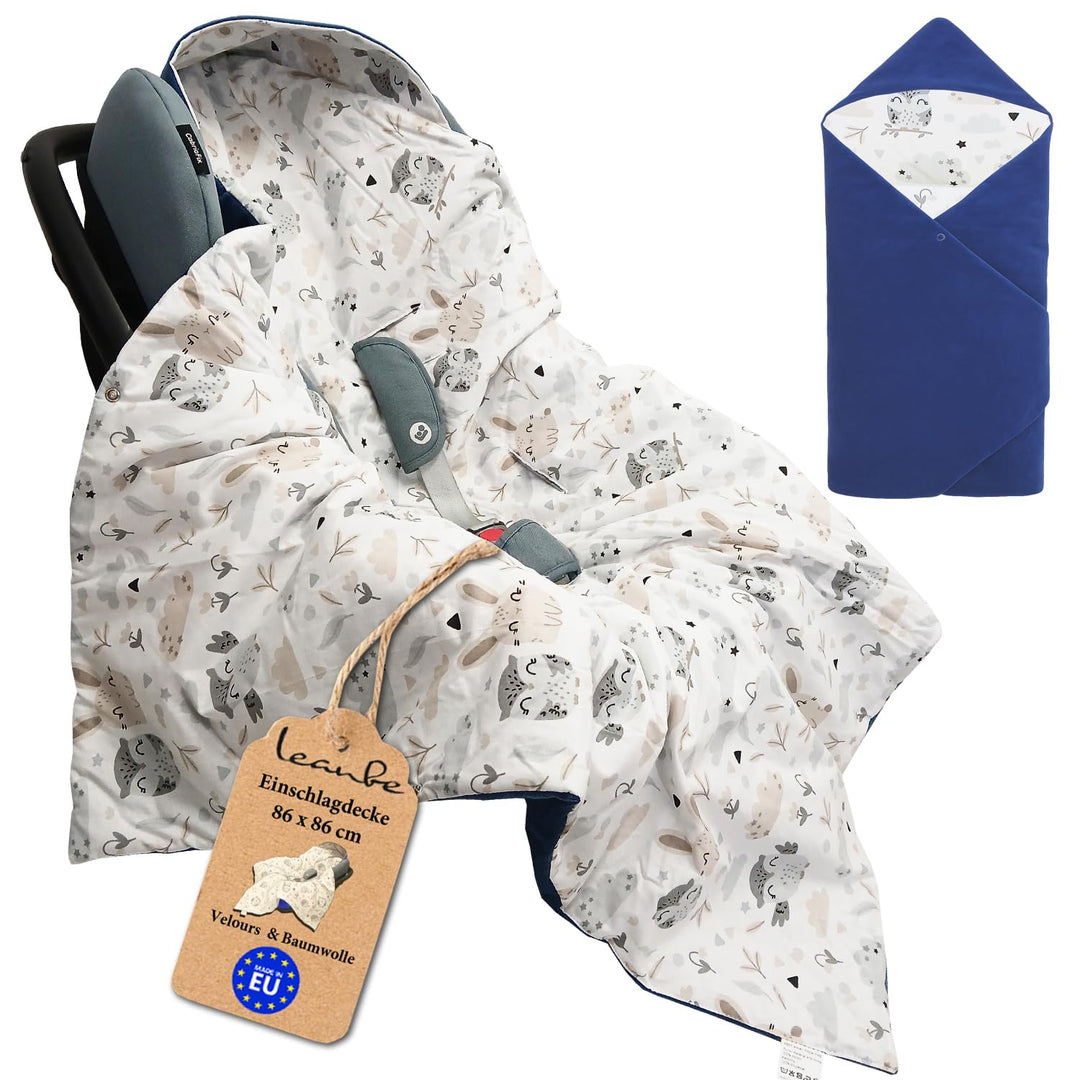 Baby Einschlagdecke Doppelseitig 86x86 cm Baumwolle-Velours für Kinderwagen und Babybett (Blau Velou