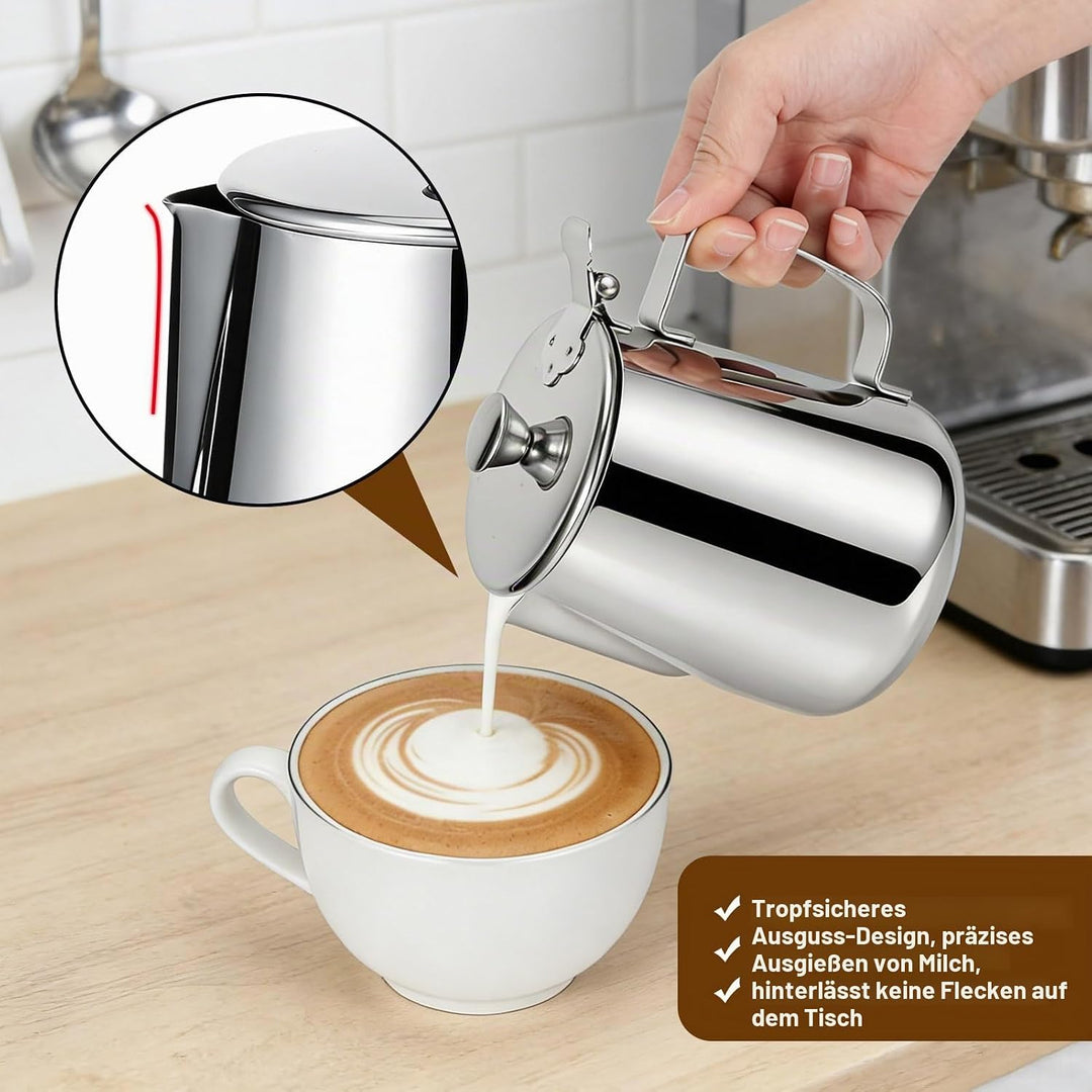 Milchkännchen mit Deckel, 600 ml/1000 ml, Milchaufschäumkännchen, Edelstahl Kanne mit Deckel, Milcha