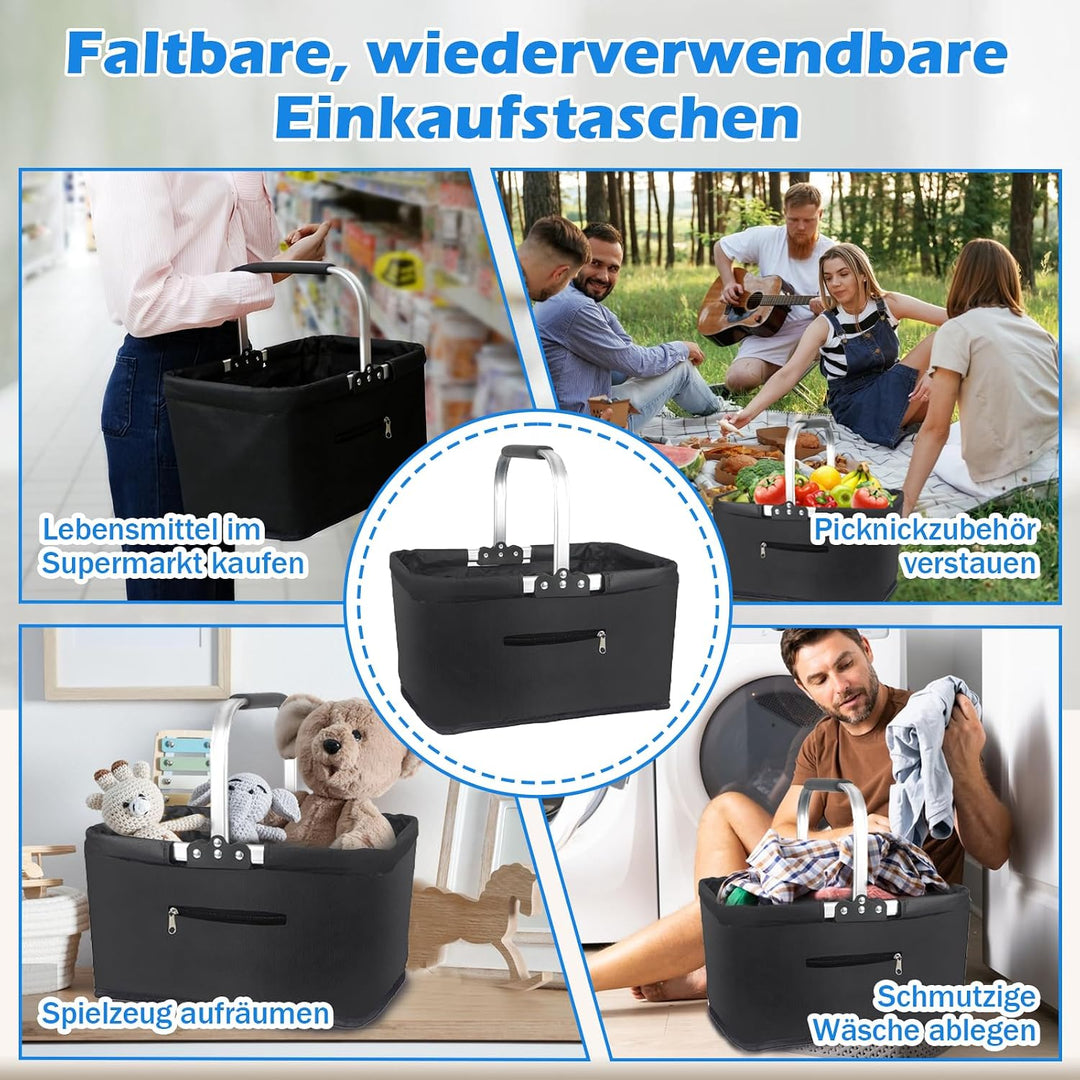 Einkaufskorb Faltbar 25L, Klappbarer Einkaufskorb mit gepolsterten Griffen und Reissverschlusstasche