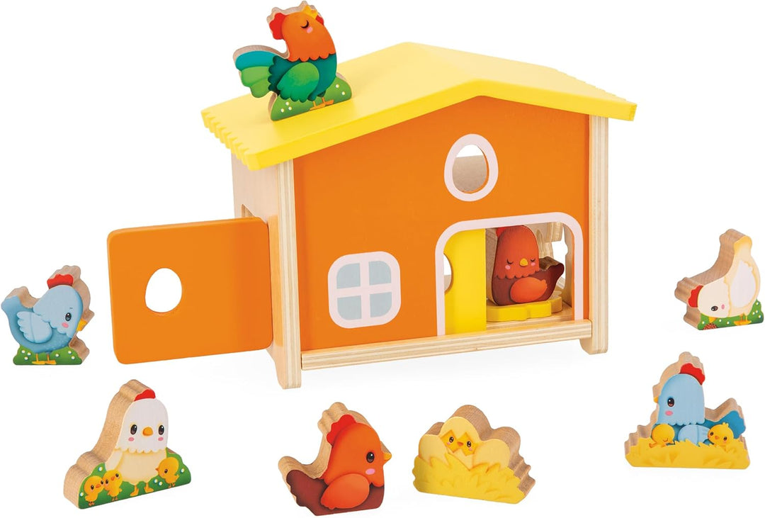 Janod First J03311 Kinderspielzeug, 1 Hühnerstall + 9 Hühner + 1 Leiter, FSC-Holzspiel, entwickelt G