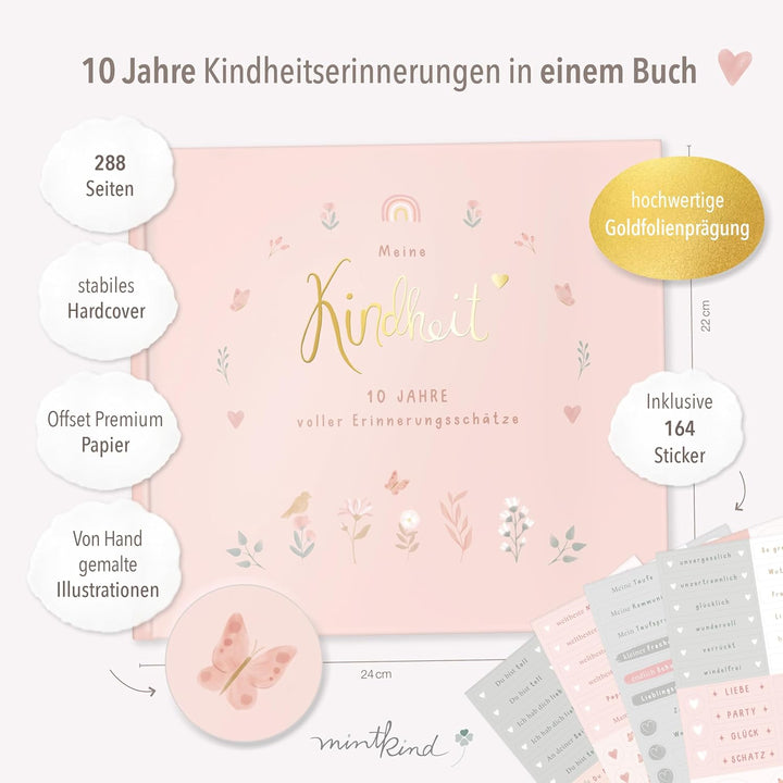 mintkind® "Meine Kindheit" Erinnerungsalbum Rosa Blumen Design + Sticker Set I deine ersten 10 Jahre