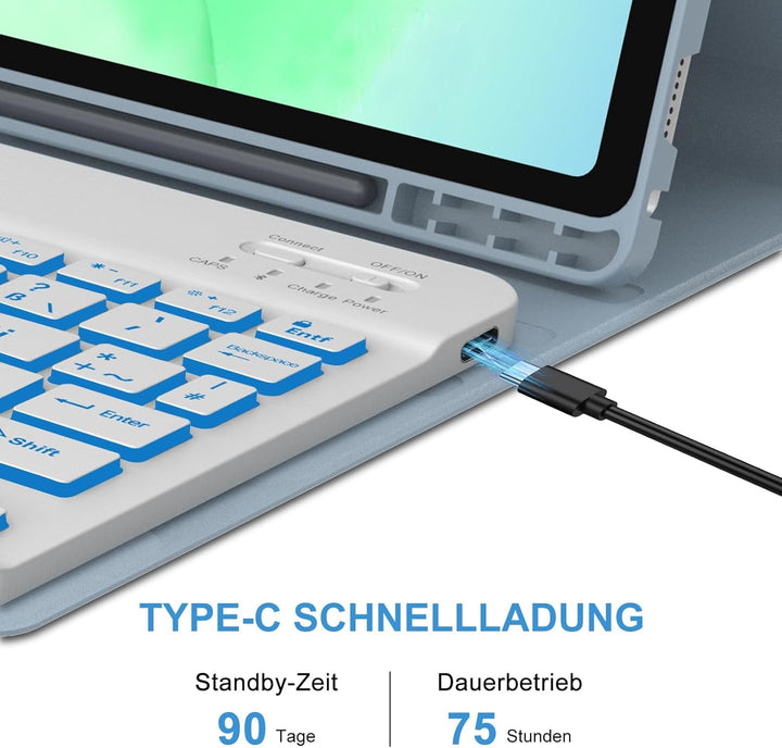 Hülle mit Tastatur für Samsung Tab A11+ & A9+ 11" (2025/2023) mit 7-Farben Beleuchtung, DE QWERTZ Bl