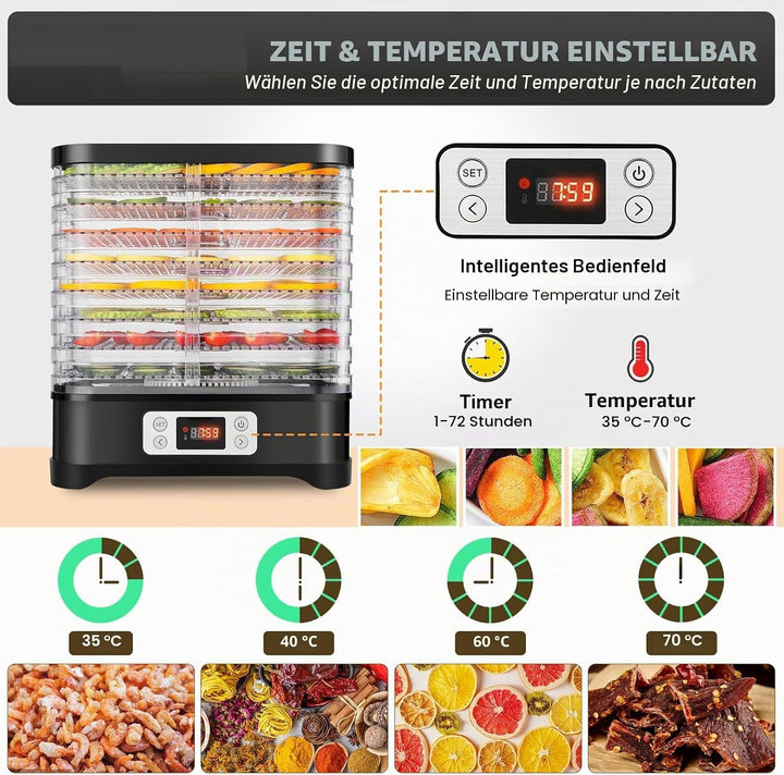 Nictemaw Dörrautomat Edelstahl, Dörrgerät mit 8 Einlegefächer 400W, Trockner für Obst, Fleisch & Krä
