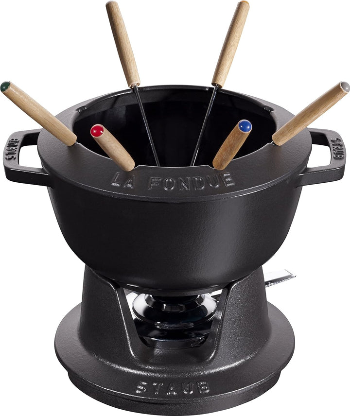 STAUB Fondue Set mit 6 Gabeln, Geeignet für Käse- Schoko- und Fleisch-Fondue, Gusseisen, 20 cm, Schw