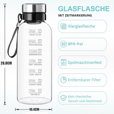 RNCKUUE 2 Liter Glasflasche, 2l Glas Trinkflasche, Wasserflasche Glas mit Sieb, Neoprenhülle, Flasch