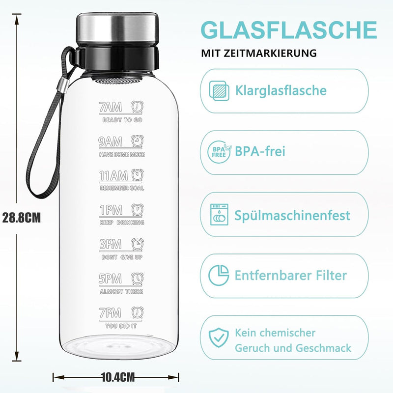 RNCKUUE 2 Liter Glasflasche, 2l Glas Trinkflasche, Wasserflasche Glas mit Sieb, Neoprenhülle, Flasch