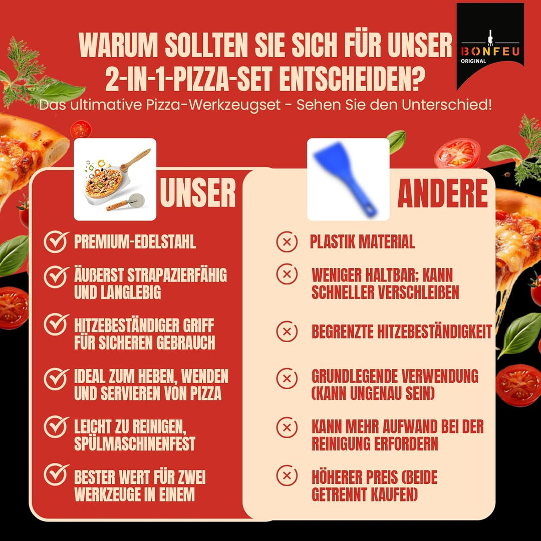 BonFeu Pizzaschieber und Pizzaschneider Set - Pizzaschaufel mit Abnehmbarem Holzgriff - Pizza Schieb
