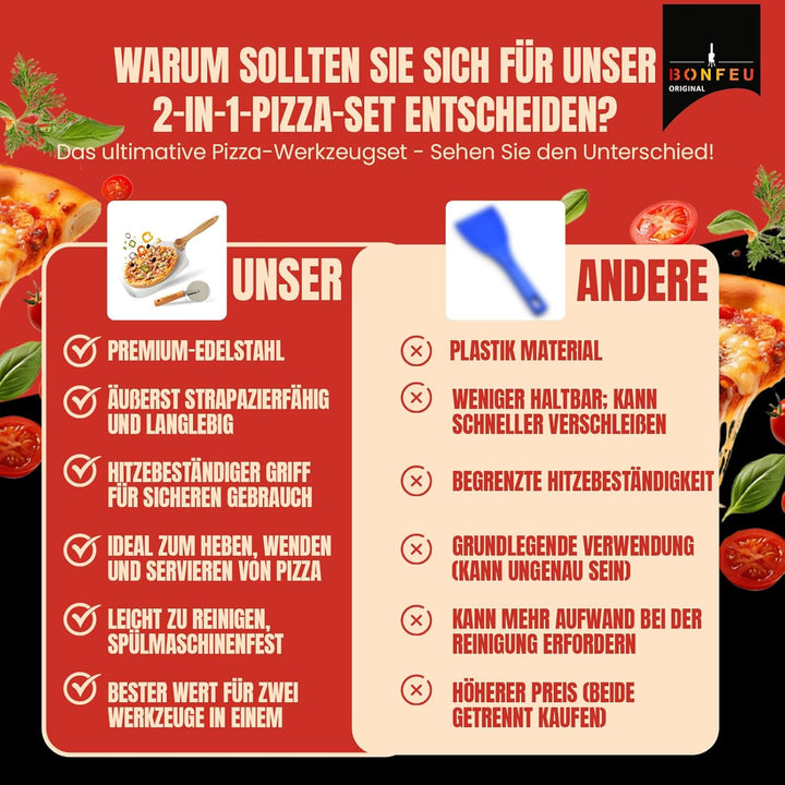 BonFeu Pizzaschieber und Pizzaschneider Set - Pizzaschaufel mit Abnehmbarem Holzgriff - Pizza Schieb
