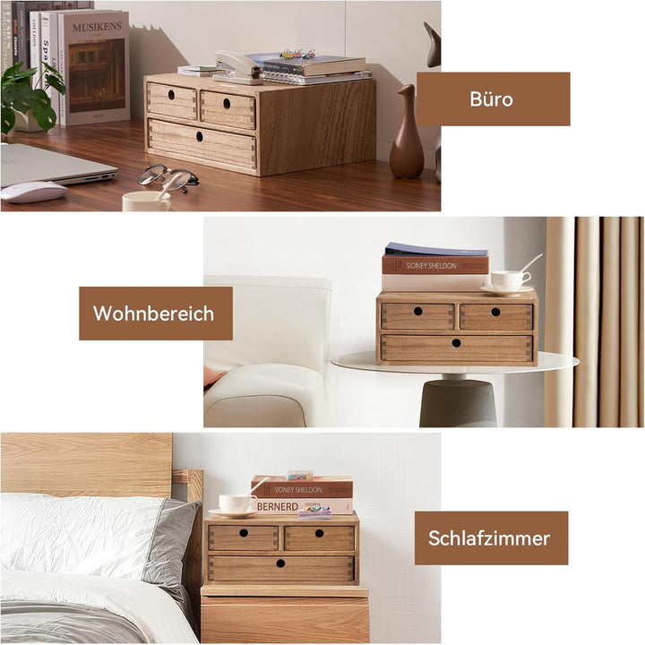 KIRIGEN Schreibtisch-Organizer aus Paulownia-Holz, 35 x 27 x 14,7 cm, Schubladenbox mit 3 Schubladen