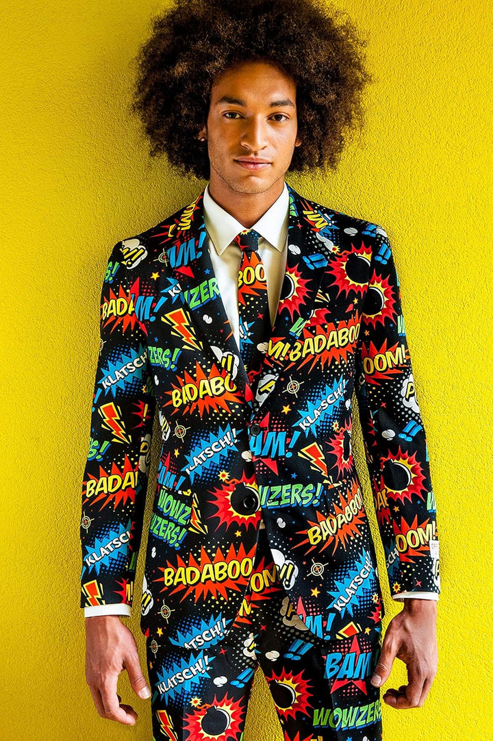 OppoSuits Karnevalskostüme Herren festlichem Druck Anzug mit Krawatte 42 Badaboom, 42 Badaboom