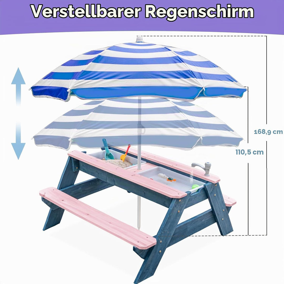 Kids 3-in-1 Sand- und Wasser-Aktivitätstisch, Holz, Outdoor, wandelbarer Picknicktisch mit Regenschi