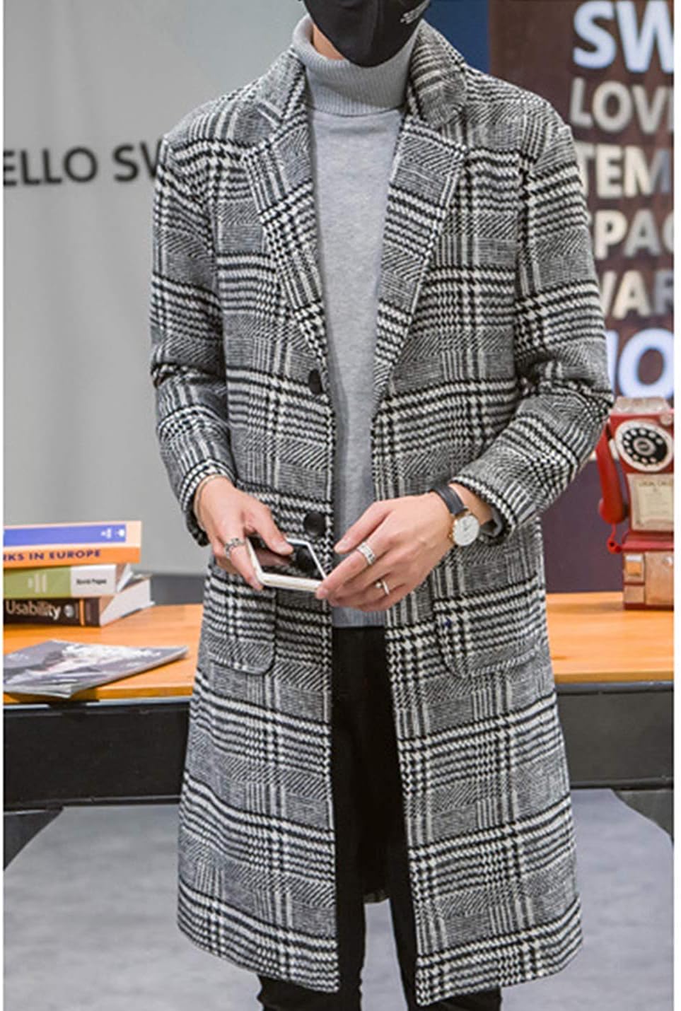 UANEO Herren Winter-Trenchcoat mit eingekerbtem Kragen, einreihig, kariert, mittellang, Peacoat-Über