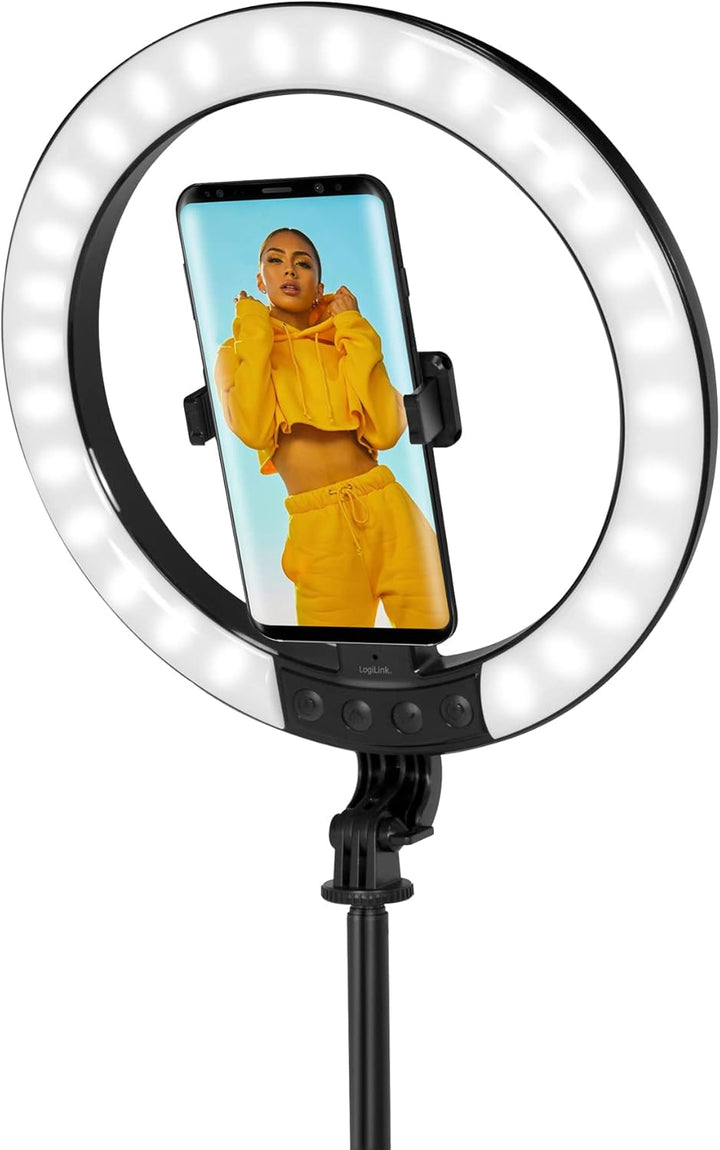 LogiLink AA0156 - LED Ringlicht/Ring Light (Ø 25 cm) mit Smartphone Halterung, 26-RGB-Farbmodi und 9