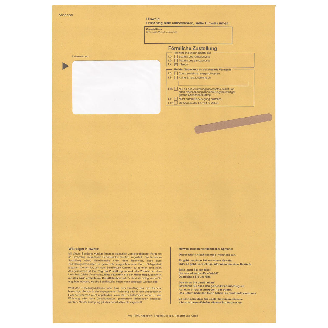Postzustellungsumschläge C4 „ Förmliche Zustellung “ - Postzustellungshüllen C4 mit Fenster (229 x 3