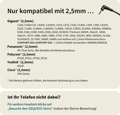 GEQUDIO Headset mit 2,5mm Klinke kompatibel mit Gigaset, Panasonic DECT Schnurlostelefon - Kopfhörer