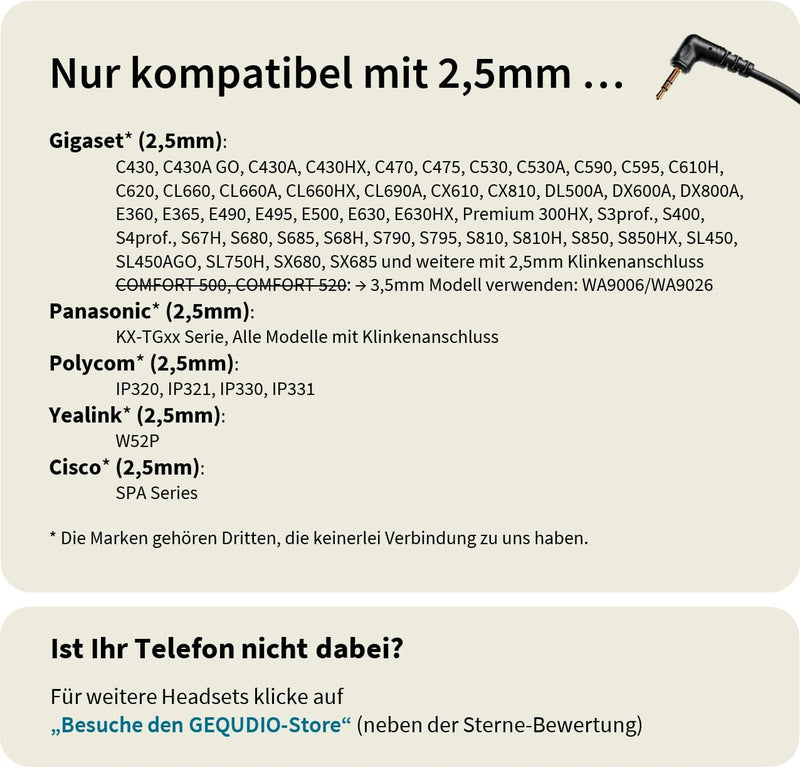 GEQUDIO Headset mit 2,5mm Klinke kompatibel mit Gigaset, Panasonic DECT Schnurlostelefon - Kopfhörer