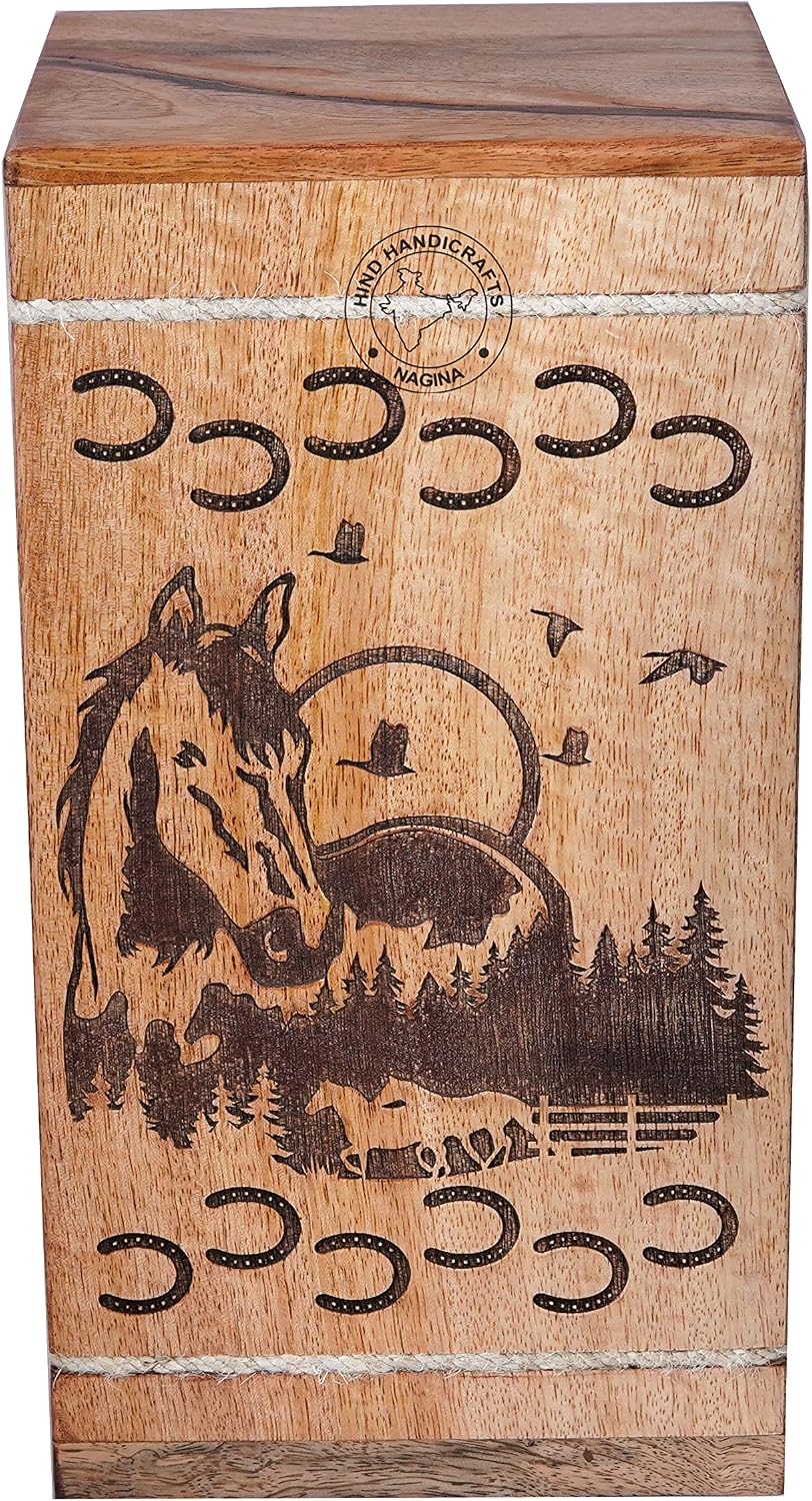 Handgefertigte Holzurne für menschliche Asche, HIND HANDICRAFTS, gross, Aufgehende Sonne Design, Urn