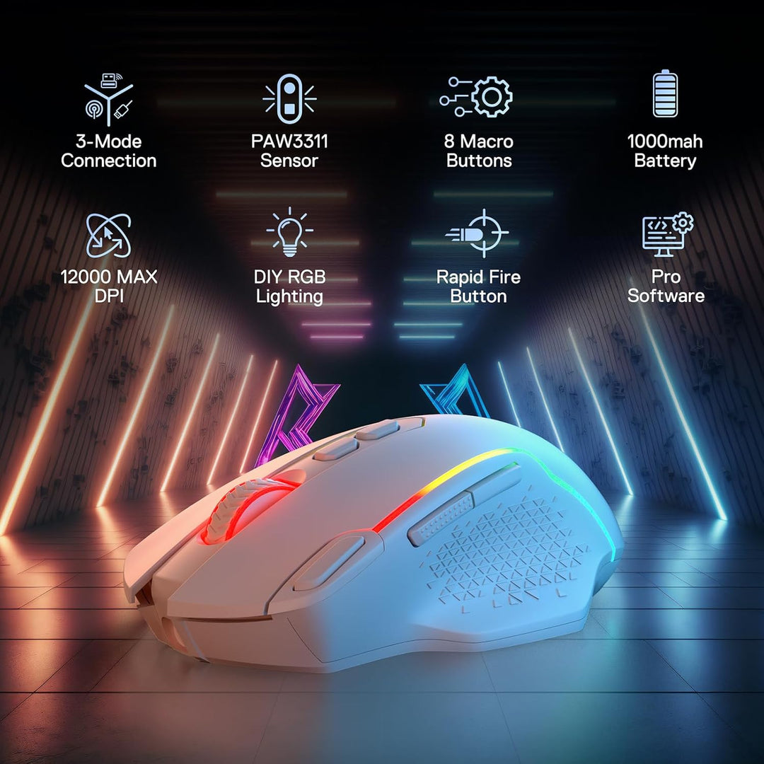 Redragon M810 MAX 3-Modi Wireless Gaming Maus, 12000 DPI, kabelgebundene/kabellose RGB-Maus mit Rapi