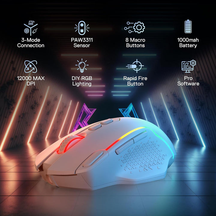 Redragon M810 MAX 3-Modi Wireless Gaming Maus, 12000 DPI, kabelgebundene/kabellose RGB-Maus mit Rapi