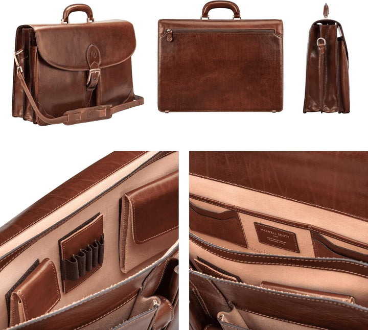 Maxwell Scott Italienische Herren Leder Aktentasche Tomacelli in Cognac Braun, Cognac Braun